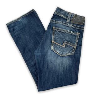 Silver NASH Heritage Medium Wash Jeans Buckle Straight Distressed Actual 38x34